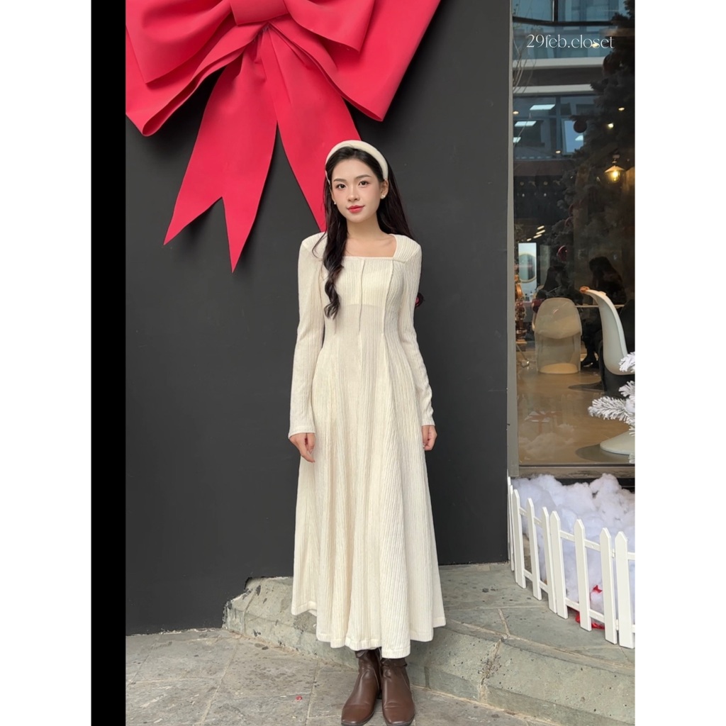 Váy Xinh Dài Tay Xếp Ly Nổi Cổ Vuông Vải Xốp Nhún Thời Trang Thu Đông - 29feb.closet - V162