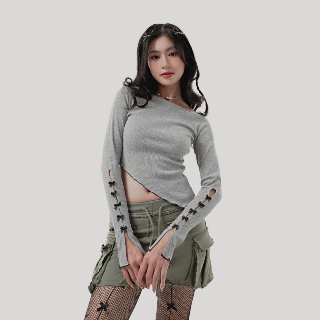 Áo croptop nữ tay dài lai xéo TOPTIFY tay đính nơ Kira Top AC121