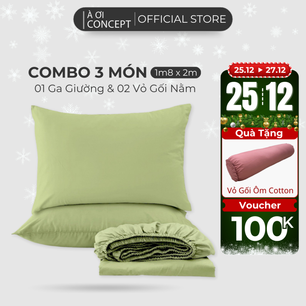 Combo 3 Món Cotton Satin Ga Giường 1m8 x 2m và 2 vỏ gối nằm À Ơi Concept cao cấp Hàn Quốc nhiều màu