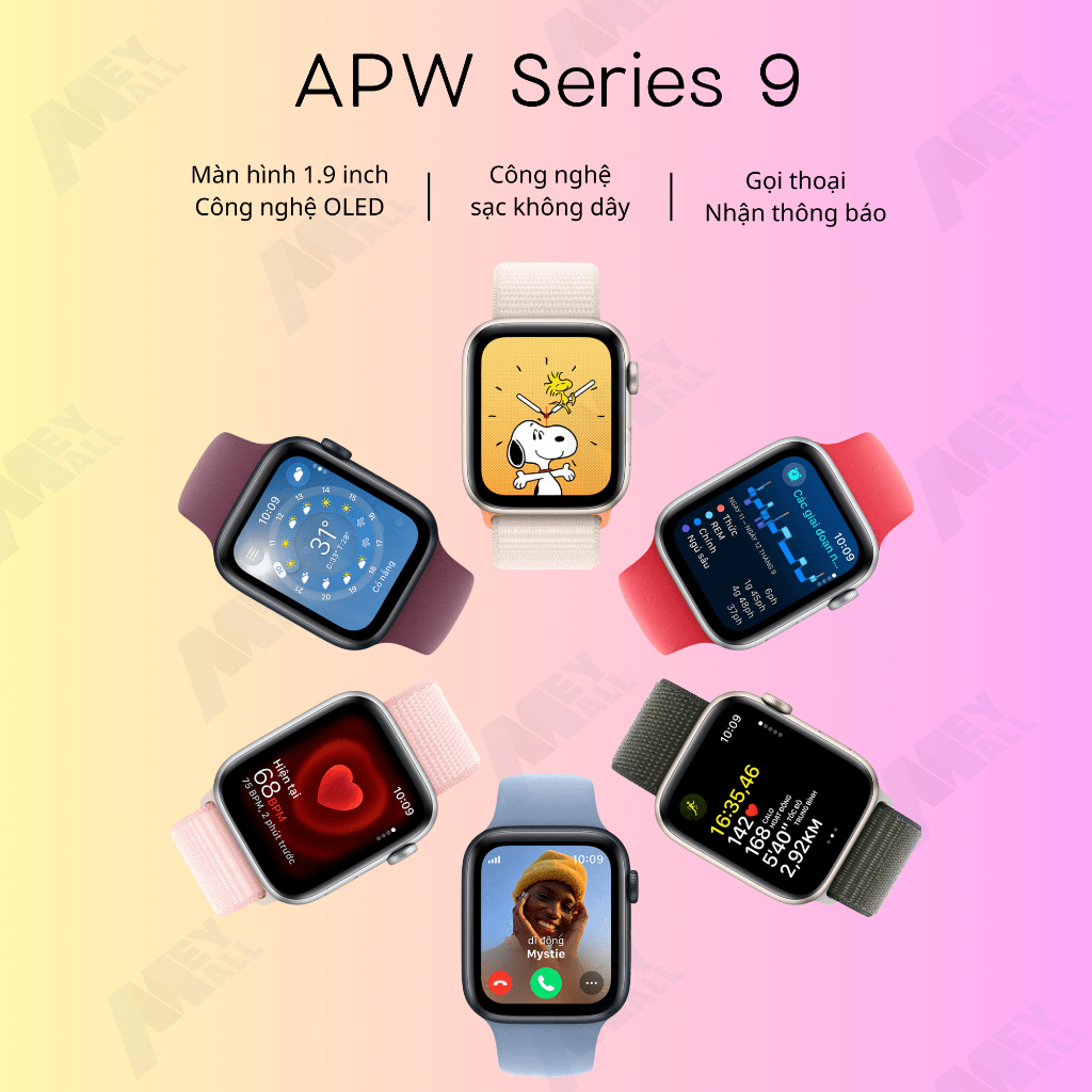 Đồng hồ thông minh APW Series 9 GPS 41mm, 1.9 inch viền nhôm dây thể thao - Bảo hành 1 năm - MeyMall