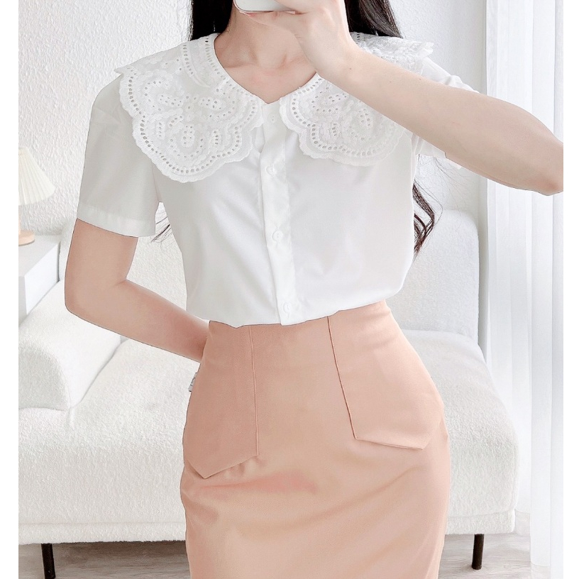 Áo Nữ Cộc Trắng Cổ Ren Hoa Liin Clothing Thời Trang Công Sở Cao Cấp  - AKC237SWH-S23