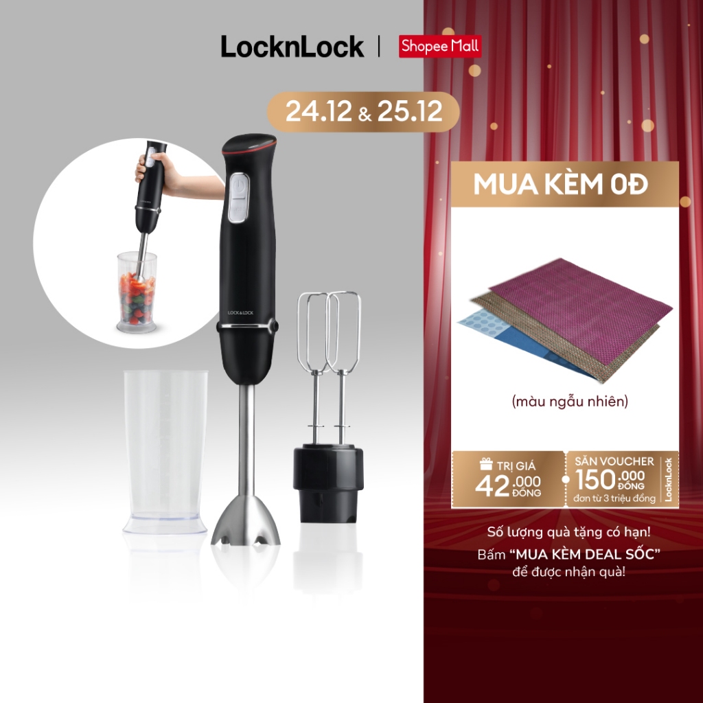 Máy xay cầm tay đa năng Lock&Lock Multi-purpose 2 in 1 Hand Blender màu đen EJM516BLK
