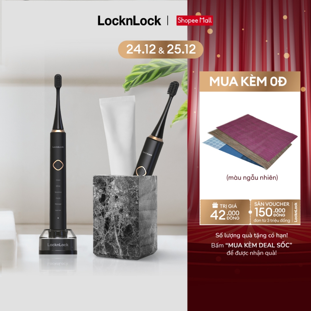 Bàn chải đánh răng điện Lock&Lock Electric toothbrush - sạc không dây, chống nước - màu đen ENR636BLK