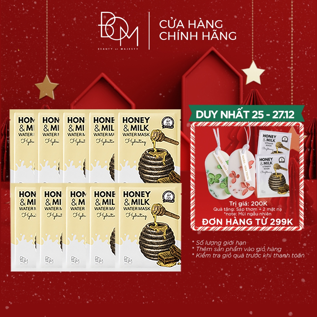 Combo 10 miếng mặt nạ BOM Honey & Milk Hydrating Water Mask Mặt Nạ Cấp Ẩm 25g - 8809721243114