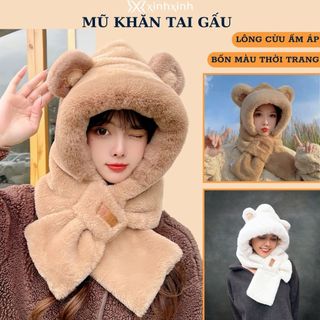 Mũ khăn cao cấp lông cừu tai gấu ấm áp mềm mịn