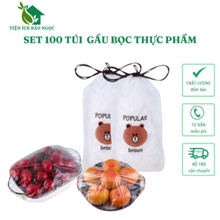 Set 100 Cái Màng Bọc Thực Phẩm, Túi Bọc Thực Phẩm Đa Năng Hình Gấu Có Vòng Giun Co Dãn Sử Dụng Nhiều Lần mâu mới