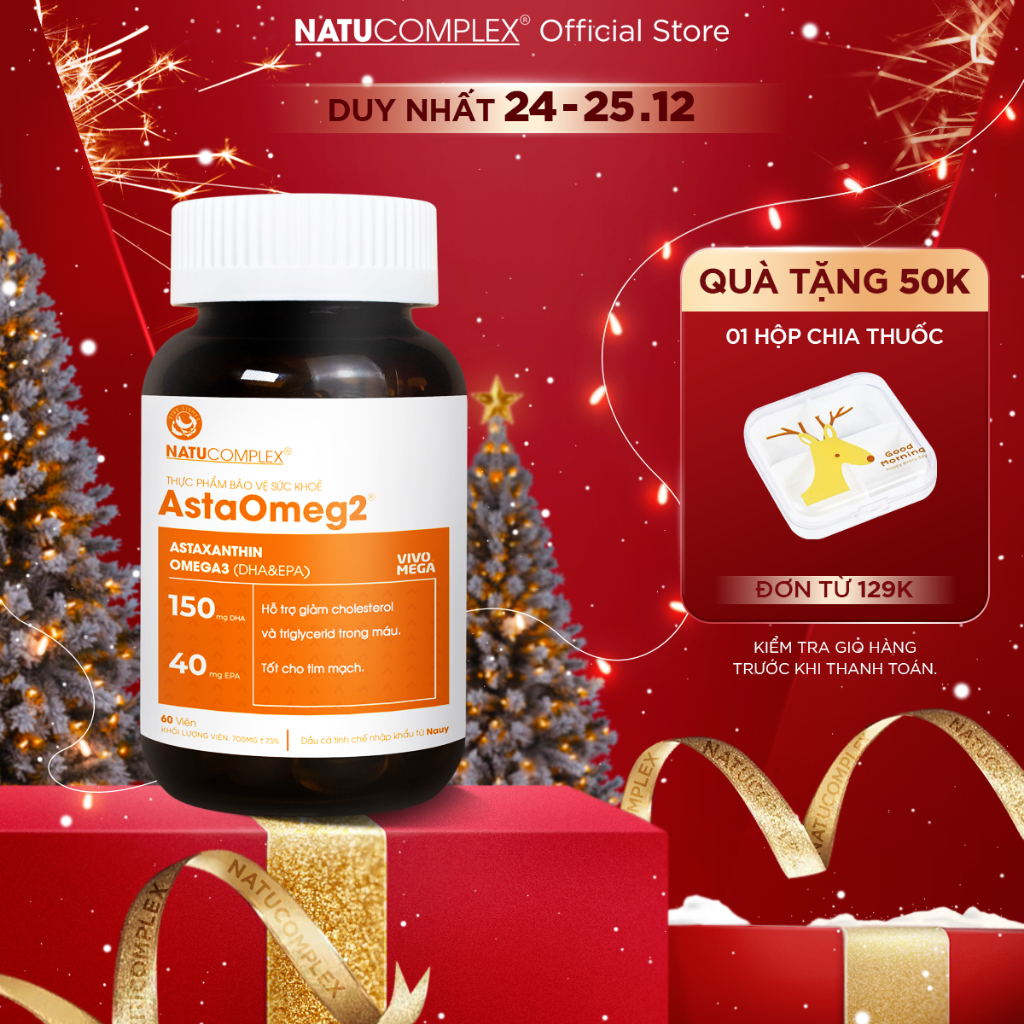 Omega 3 hỗ trợ tim mạch AstaOmeg2® chứa Astaxanthin và dầu cá ổn định huyết áp, giảm mỡ máu tránh đột quỵ - 60 viê