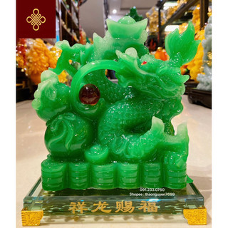 Tượng rồng phong thuỷ bên trái hồ lô các màu (vàng bóng/kim sa/đỏ/xanh ngọc) (cao 20, dài 20, rộng 10)