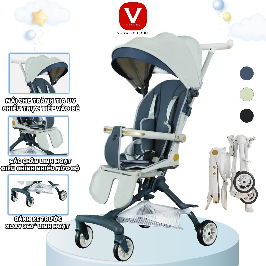 Xe đẩy du lịch cao cấp cho bé V-Baby K1, gấp nhỏ gọn, ghế xoay 360 độ
