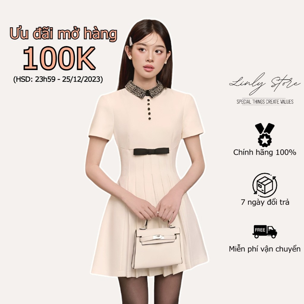 Váy kiểu nữ dáng ngắn cổ đính cườm phối nơ Linly Store V-VPC8