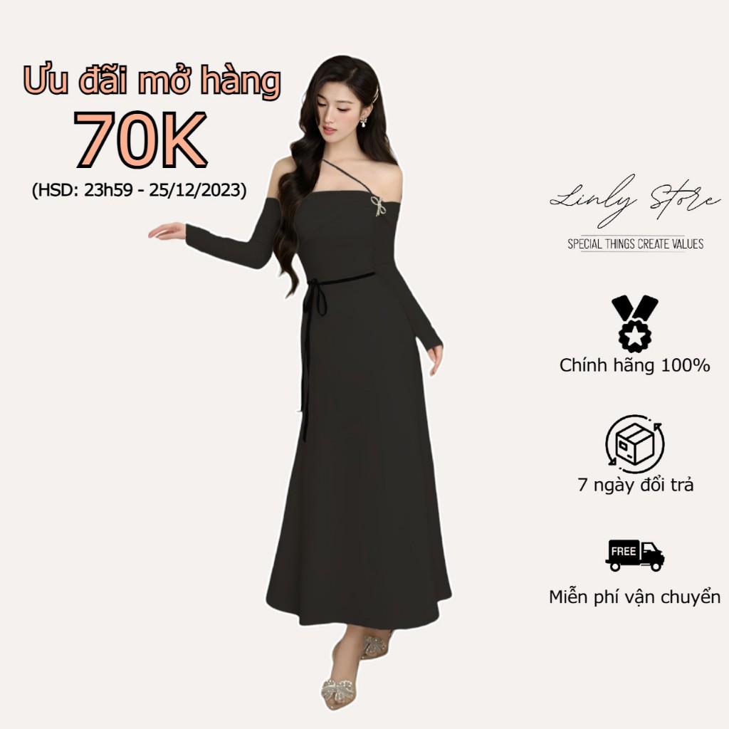 Váy kiểu nữ trễ vai dáng dài phối nơ đá Linly Store V-VL2