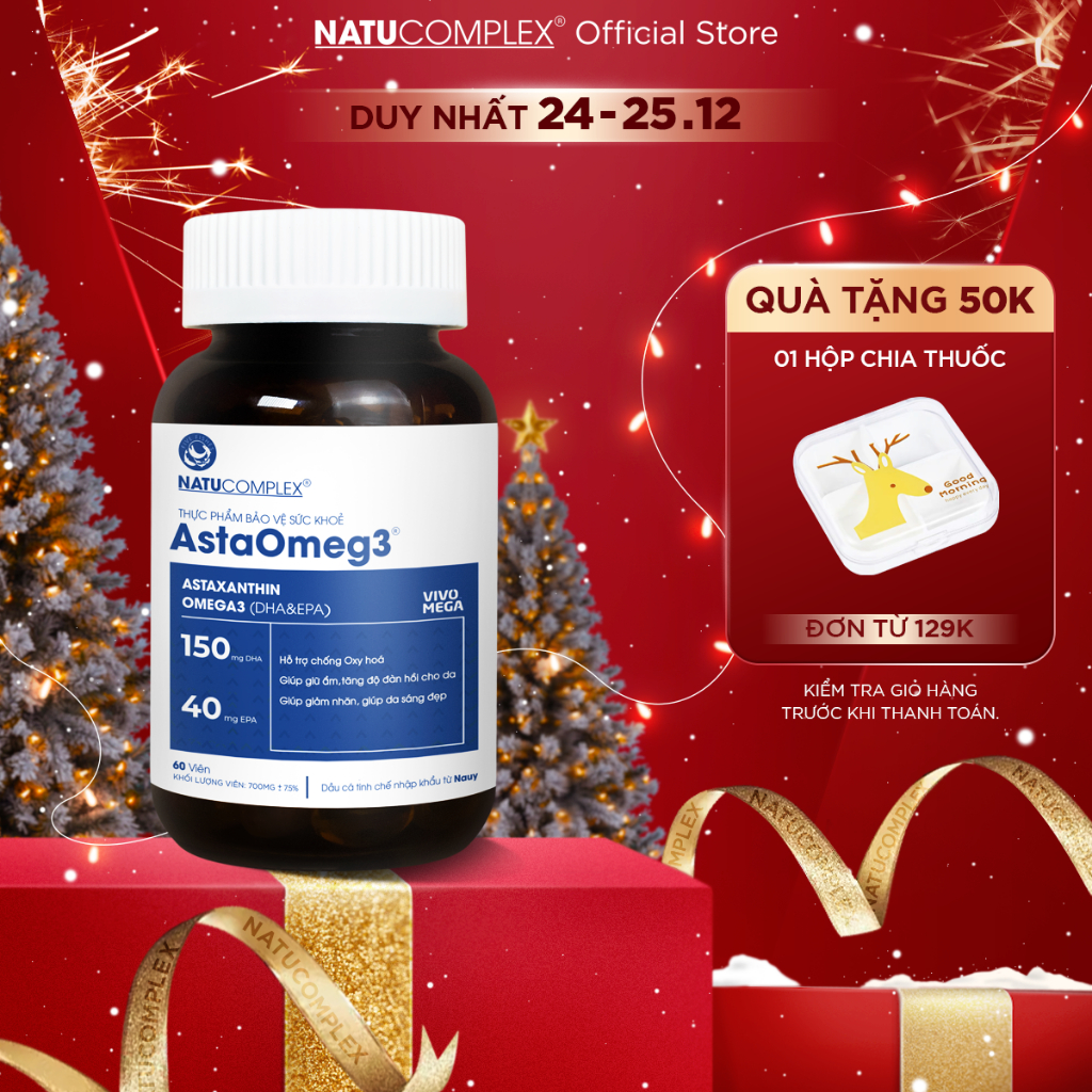 Viên uống đẹp da AstaOmeg3 chứa Astaxanthin và dầu cá Omega 3 giúp cấp ẩm chống lão hóa mờ nám - 60 viên