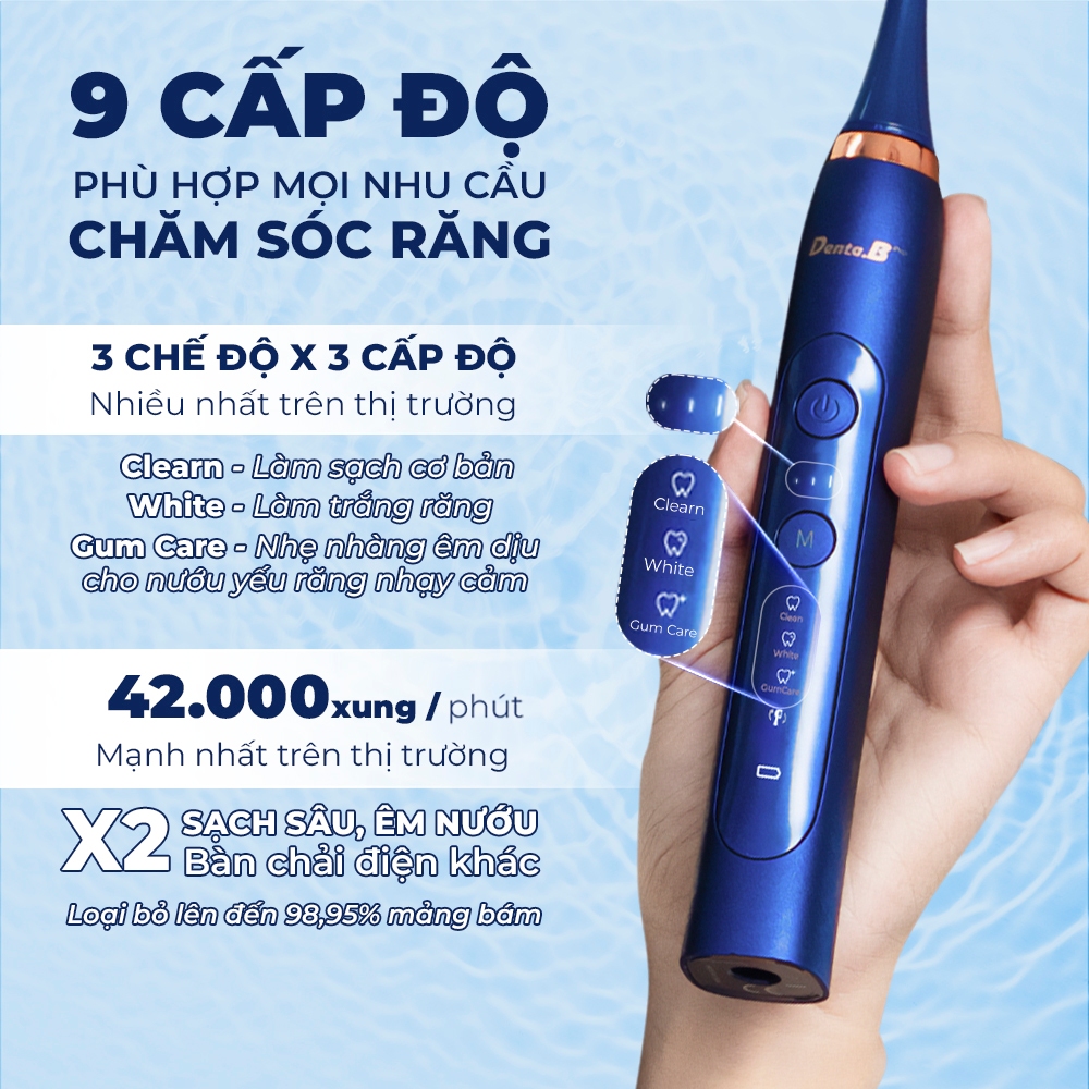 Bàn chải điện Denta.B Pro 9 Cấp Độ chuẩn châu Âu đánh răng sạch sâu êm nướu bảo hành 15 tháng