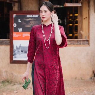 Áo dài dáng suông xưa gấm tơ hoa nổi cách tân nữ tay ngắn xz49