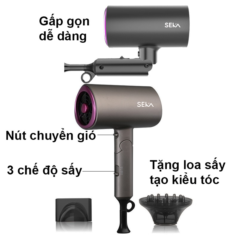 Máy sấy tóc Seka SK2008 gấp gọn công suất lớn 1200W 3 chế độ sấy tặng kèm loa sấy tạo kiểu bảo hành 12 tháng