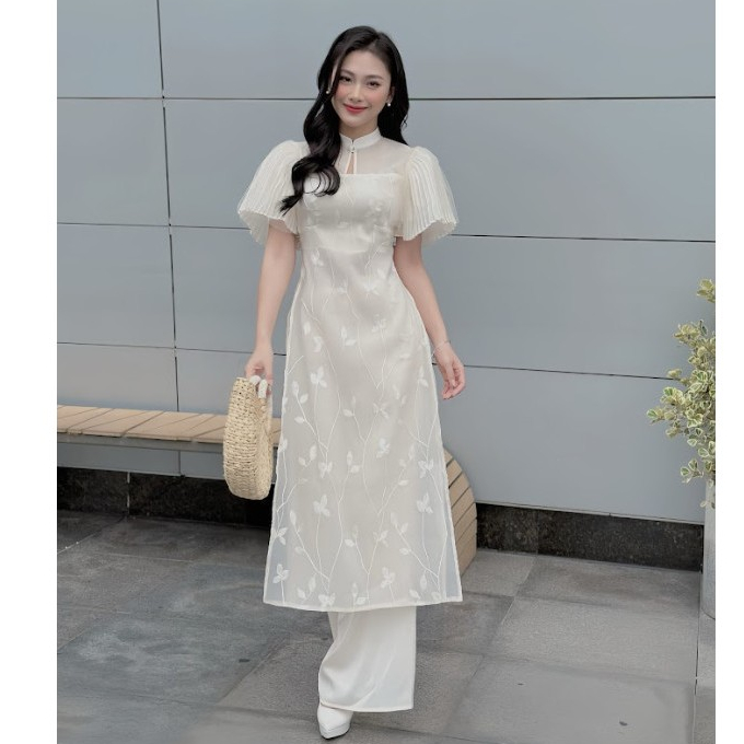 Áo Dài Nữ 𝐂𝐂𝐇𝐀𝐓 Cách Tân TIFFANY Chất Voan Thêu Lá Ren Nổi 23NNR8003OT
