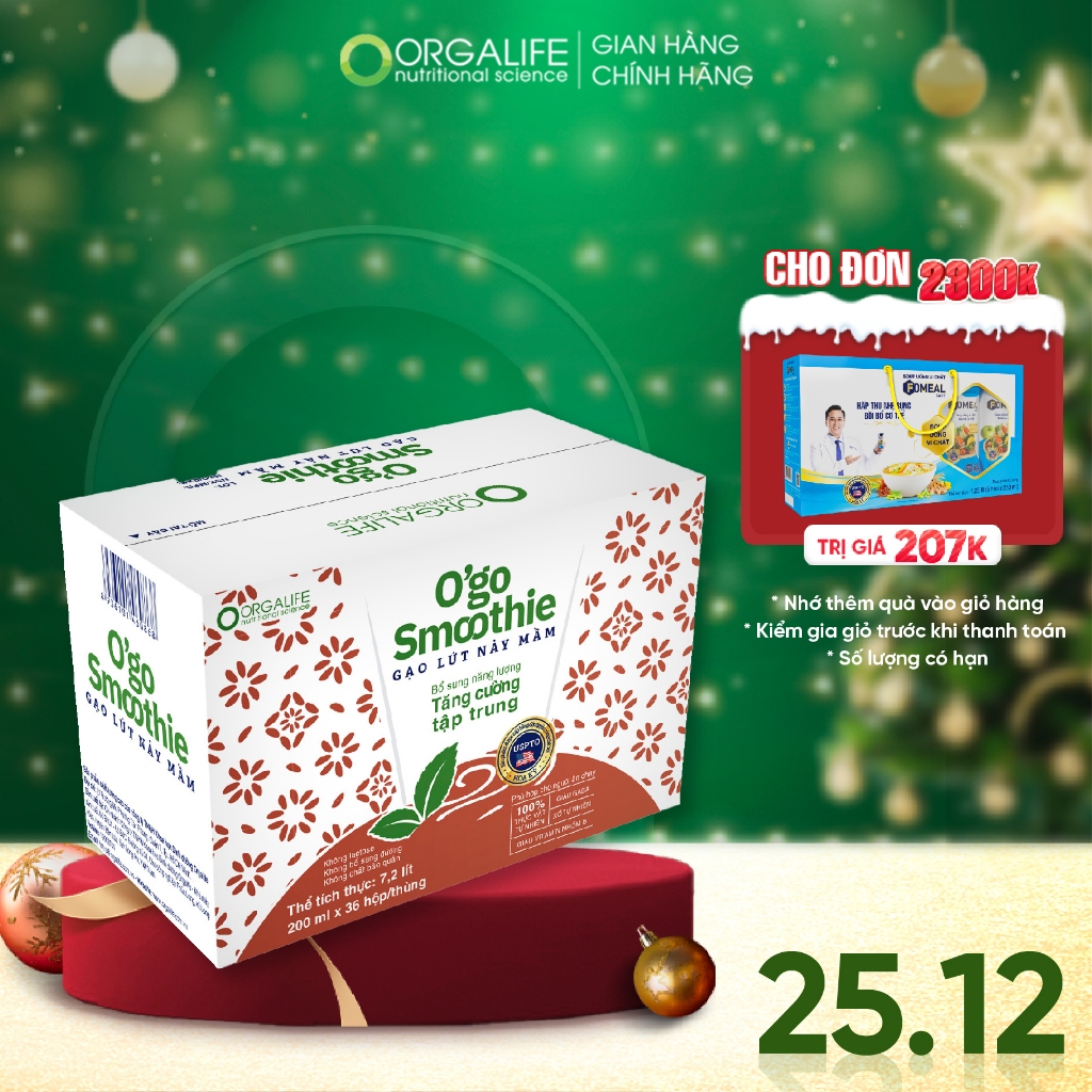 Thức uống thuần chay, hạt giàu vi chất, tăng tập trung, giảm stress O'go Smoothie gạo lứt nảy mầm 36 hộp (200ml/hộp)