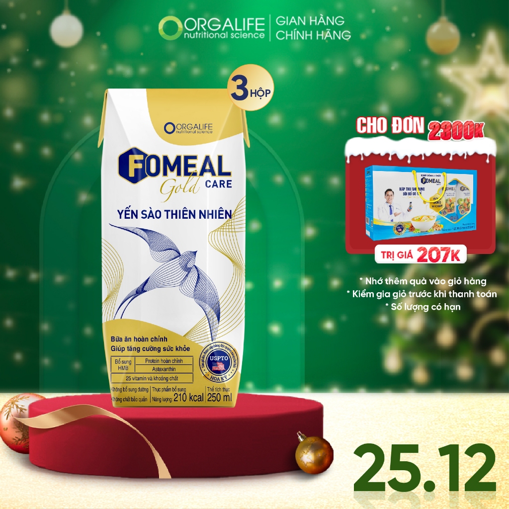 Soup uống dinh dưỡng yến sào cao cấp tăng cường miễn dịch, HMB chống mất cơ, Fomeal Care Gold 3 hộp (250ml/hộp)