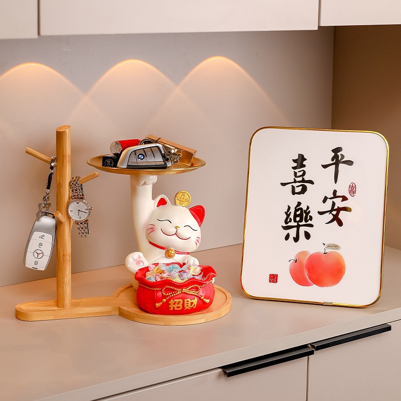 Giá treo chìa khoá khay đựng hình mèo thần tài treo đồ