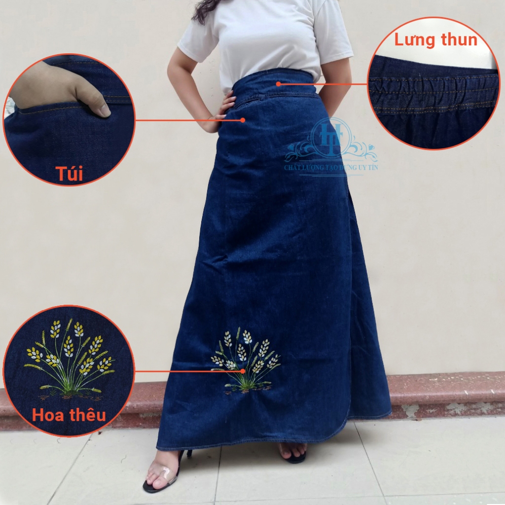 Váy chống nắng xẻ tà nữ vải jean dày dặn, mềm mại có túi và nút bấm chân thêu họa tiết JHTX00 H&T FASHION