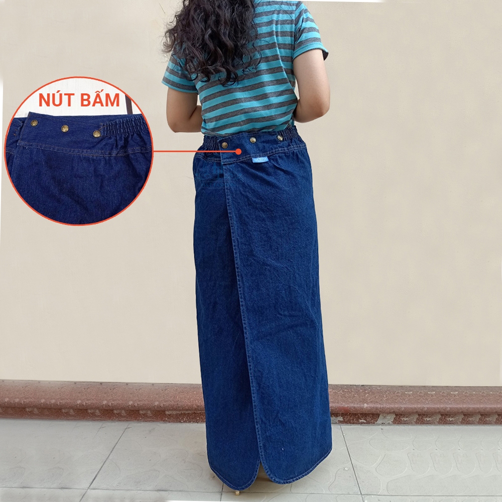 Váy chống nắng xẻ tà nữ vải jean dày dặn, mềm mại có túi và nút bấm chân thêu họa tiết JHTX00 H&T FASHION