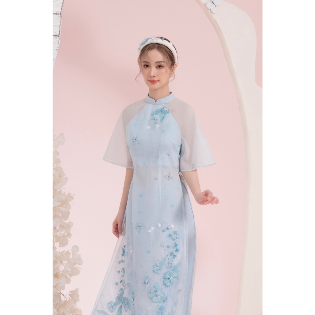 Áo dài thiết kế JM Dress Design cổ tàu, tay raplang in hoạ tiết 2M19.2312OG
