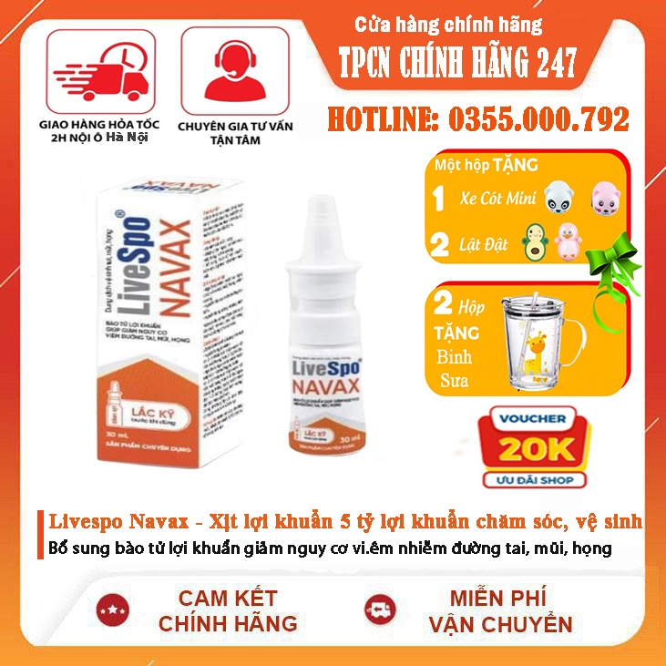 Livespo Navax - Xịt lợi khuẩn 5 tỷ lợi khuẩn chăm sóc, vệ sinh, phòng ngừa vi.êm nhiễm tai mũi họng (Hộp 4 ống x 5ml)