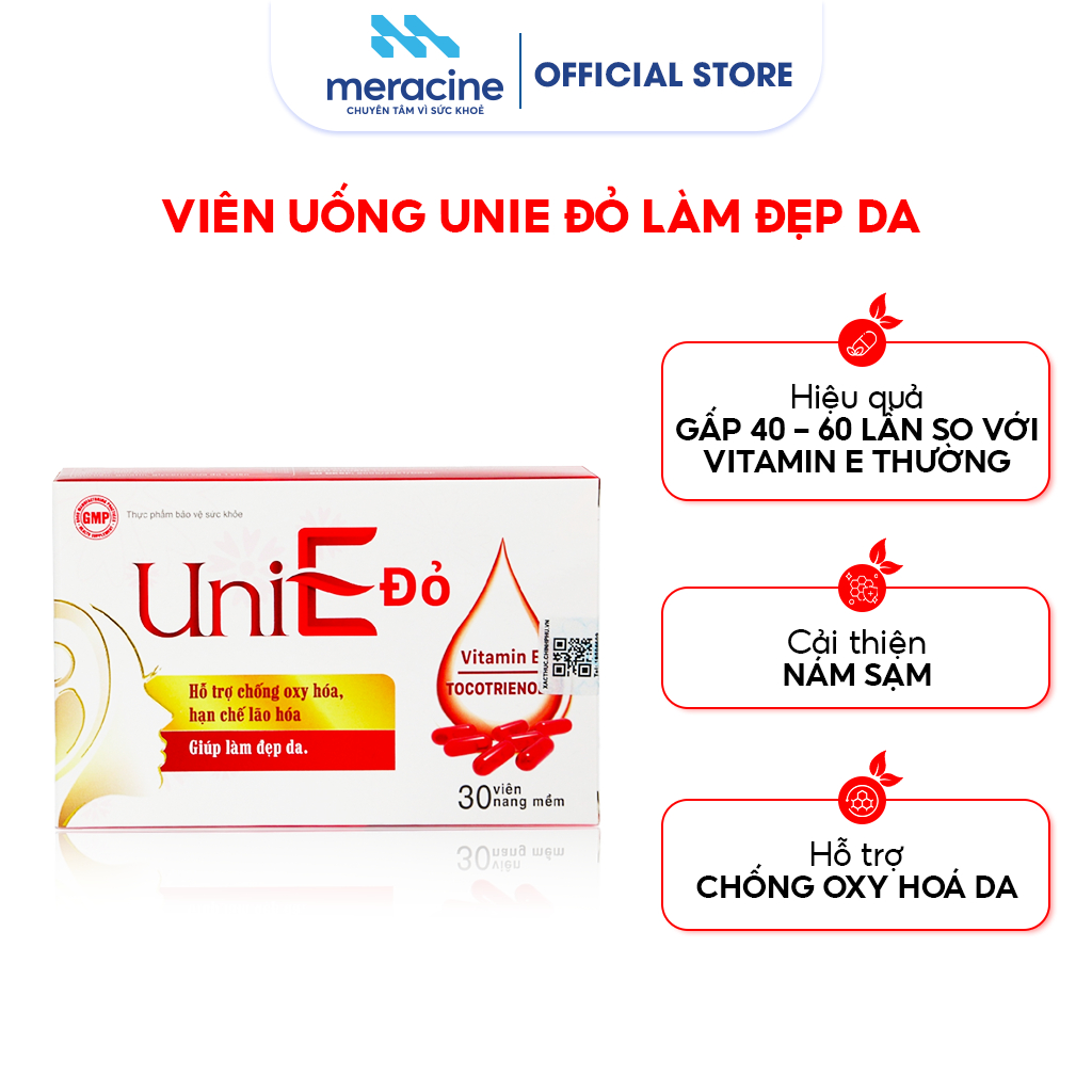 Viên uống UniE đỏ bổ sung vitamin E, dầu hoa anh thảo giúp làm đẹp da, cải thiện da khô nhăn, lão hóa (Hộp 30v)