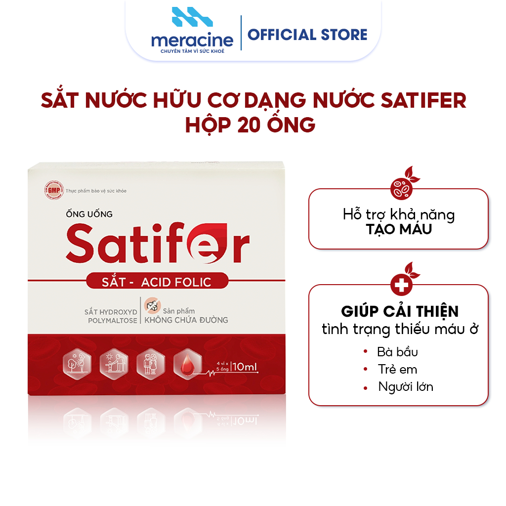 Sắt nước hữu cơ SATIFER không gây táo, nóng, hỗ trợ khả năng tạo máu dùng được cho bầu, trẻ em, người lớn (hộp 20 ống)
