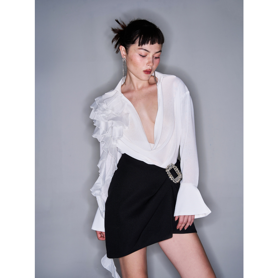 COCO SIN - Áo Tơ Trắng Cổ Đổ Tay Dài