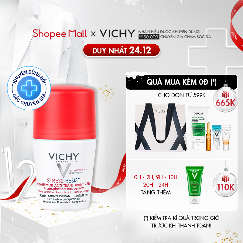 Lăn khô thoáng vùng da dưới cánh tay 72h Vichy Détranspirant Intensif 50ml