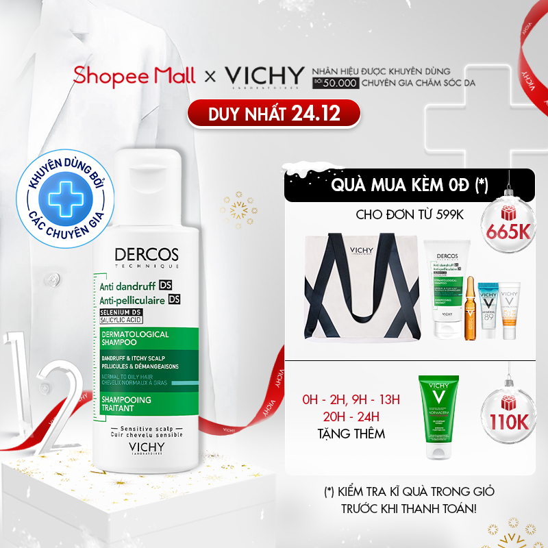 Dầu gội giúp sạch gàu dành cho da đầu dầu & ngứa Vichy Dercos Anti Dandruff 75ml