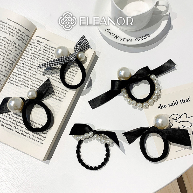 Dây buộc tóc nữ thun co dãn Eleanor Accessories hình nơ đính ngọc trai nhận tạo phụ kiên tóc 3587