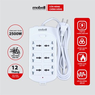 Ổ Cắm Điện Mobell 6 Lỗ Cắm Có Công Tắc Có Nắp Che An Toàn Chịu Tải 2500W Dây 3M và 5M Màu Xanh & Trắng