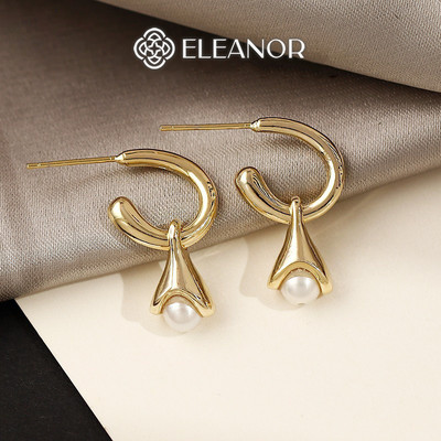 Bông tai nữ chuôi bạc 925 Eleanor Accessories viền chữ C khuyên tai gắn ngọc trai nhân tạo phụ kiện trang sức 4855
