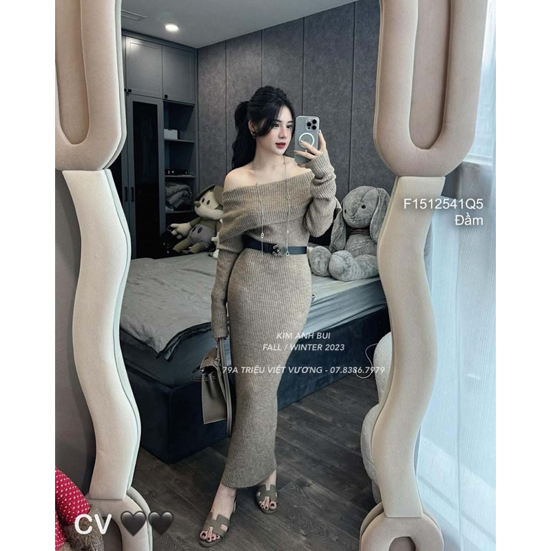 Đầm maxi trễ vai tay dài, váy body thun gân sang trọng VIENS STORE