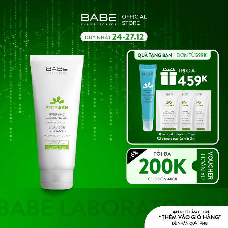 Sữa rửa mặt BABÉ Stop Akn Purifying Cleansing gel cho da dầu mụn 100ml