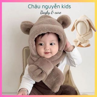 Mũ len liền khăn tai gấu tai thỏ ấm áp cho bé mũ len lông dày dặn mùa đông trùm tai bé trai bé gái Châu nguyễn kids