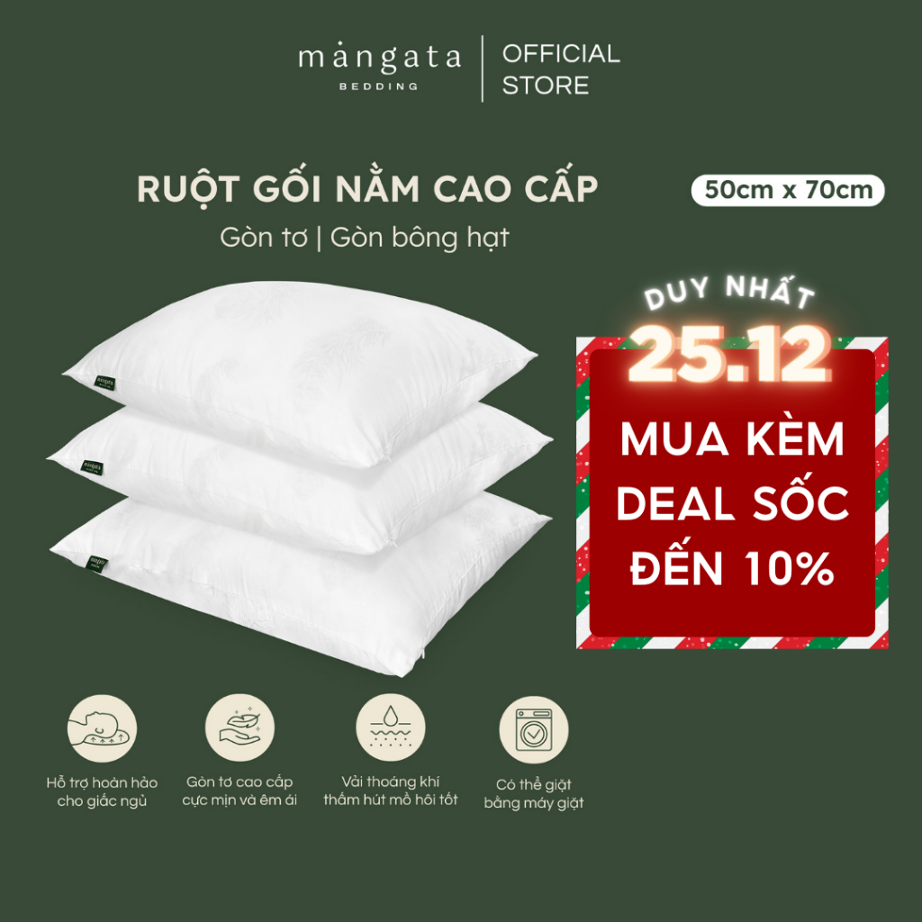 Ruột gối nằm Gòn Tơ Bông Hạt cao cấp size 50x70cm Mangata Bedding có 4 cấp độ cao phù hợp cho sức khoẻ