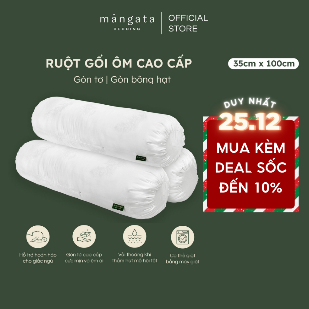 Ruột gối ôm Gòn Tơ Bông Hạt cao cấp size 35x100cm Mangata Bedding có lớp vỏ cotton vệ sinh và chống xù