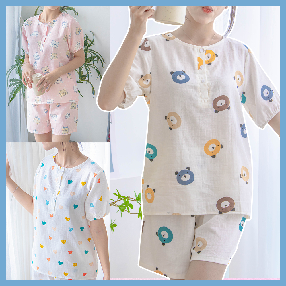 Đồ bộ Pyjama đùi cổ tròn - vải xô tre họa tiết dễ thương