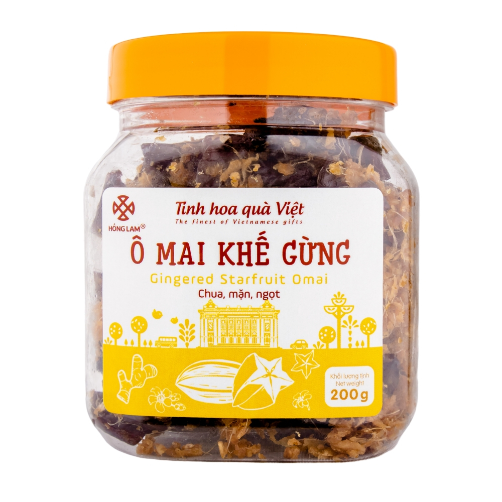 Ô mai (xí muội) khế gừng Hồng Lam, hộp (200gr, 300gr, 500gr). Có vị chua, mặn, ngọt