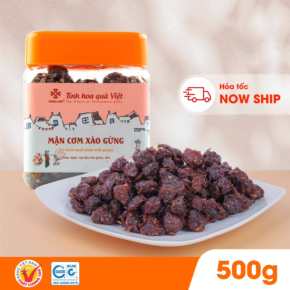 Ô mai (xí muôi) mận cơm xào gừng Hồng Lam, dạng hộp (200gr, 300gr, 500gr). Có vị chua, ngọt , cay dịu của gừng