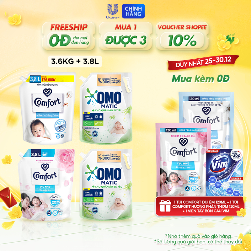 Combo Túi Nước Giặt Omo Matic Baby 3.6kg + Nước xả vải Comfort Cho Da Nhạy Cảm Túi 3.8L