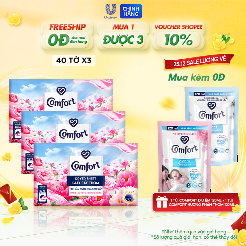 Combo 3 Hộp Giấy Thơm Comfort Hương Mẫu Đơn Và Hoa Hồng Ohara 40 tờ/hộp, Dành Cho Máy Sấy Quần Áo, Tủ Quần Áo