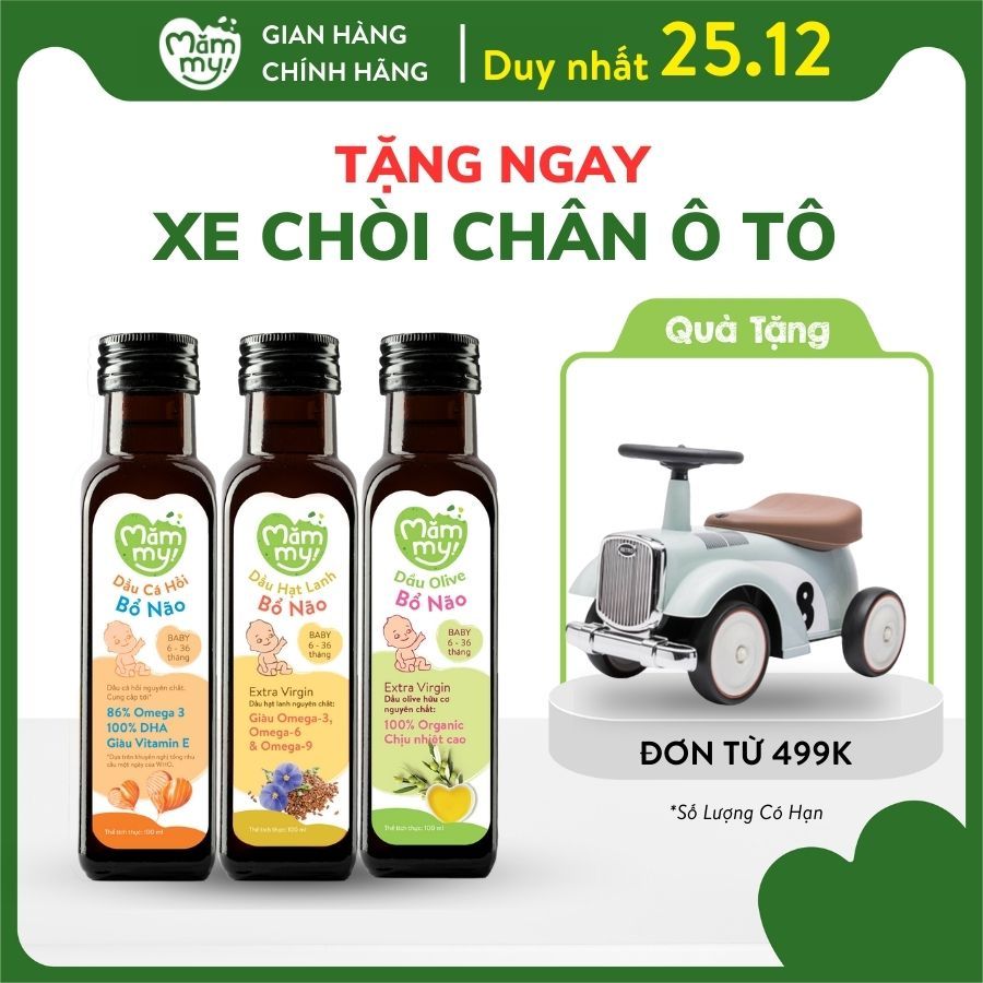 Combo 3 dầu ăn dặm bổ não Mămmy, dầu cá hồi, dầu hạt lanh, dầu Olive bổ sung DHA, Omega-3 cho bé từ 6 tháng, chai 100ml