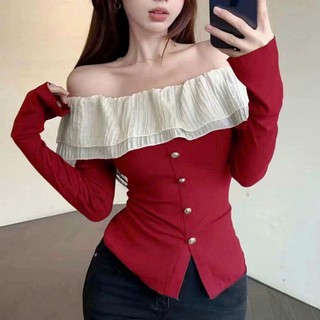Áo thun trễ vai cổ xếp bèo dài tay