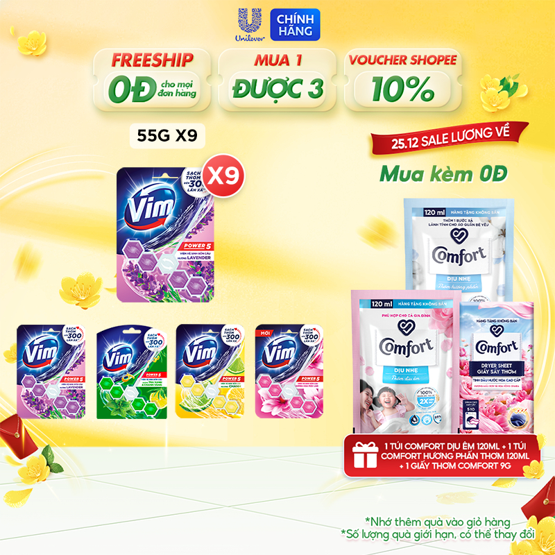 Combo 9 Viên Tẩy Bồn Cầu Vim Power 5 Sạch Khuẩn Thơm Mát (Hương Lavender | Hương Chanh | Hương Trà xanh & Chanh)