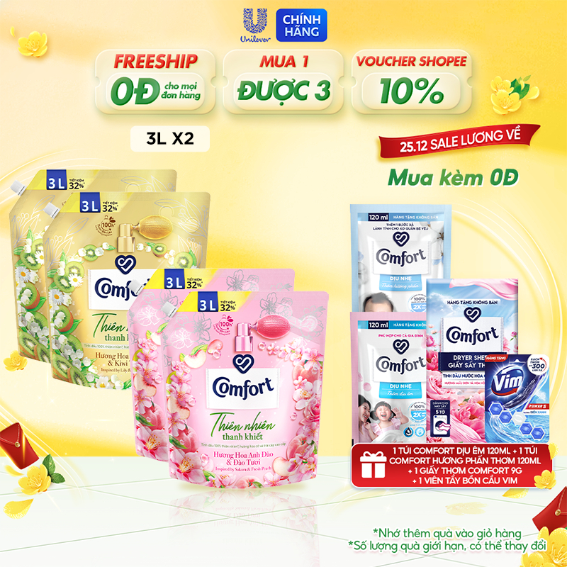 Combo 2 Túi Nước Xả Vải Comfort Thiên Nhiên Thanh Khiết 3.0L/túi