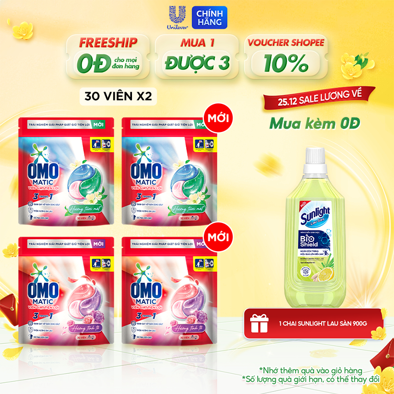 Combo 2 túi viên giặt tiện lợi OMO 3 trong 1 (30 viên/túi)